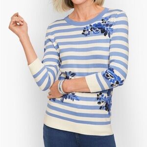 Talbots 💚 Blue and White Striped Sweater with Floral Design